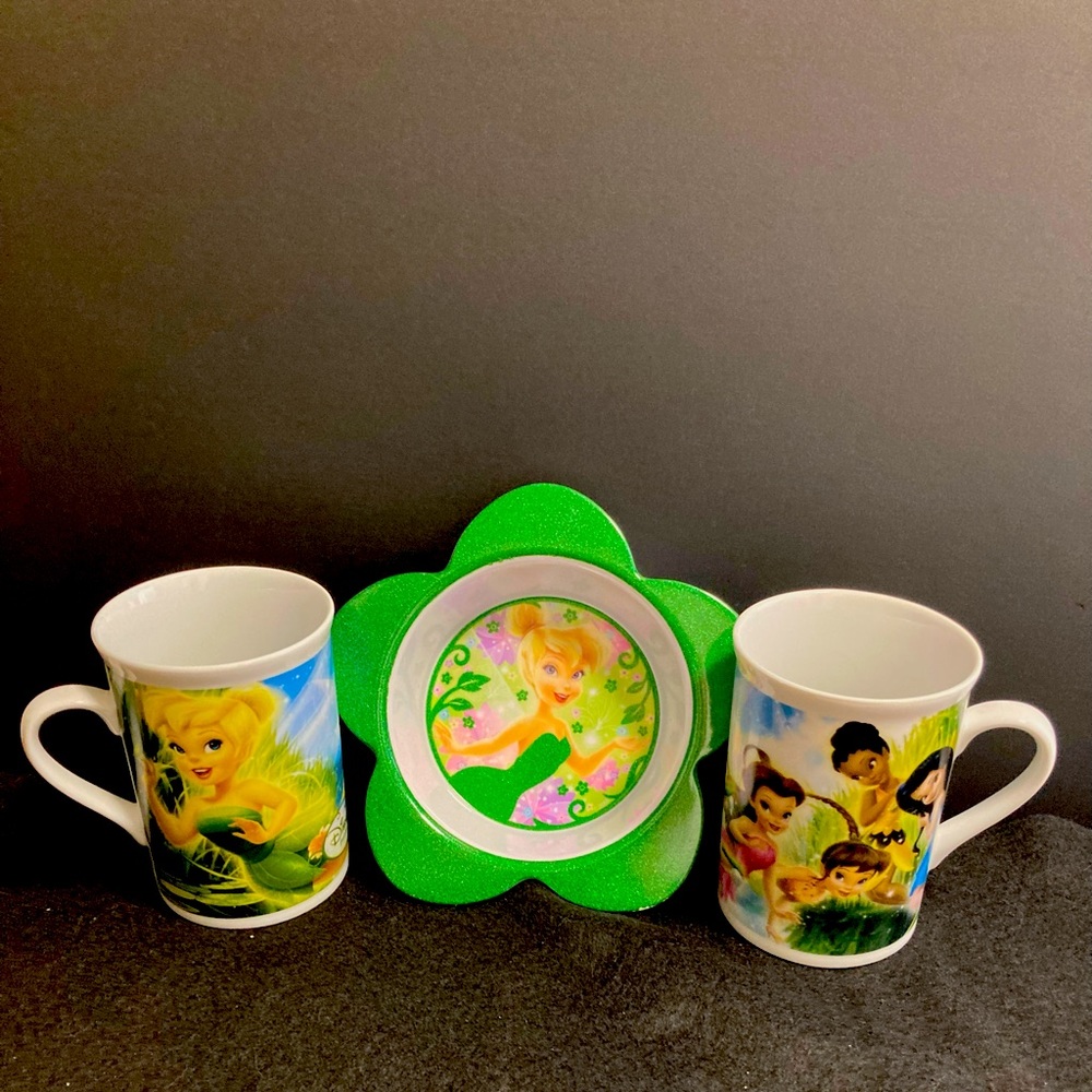 Disney Fairies Tinkerbell coffee cups and plastic bowl